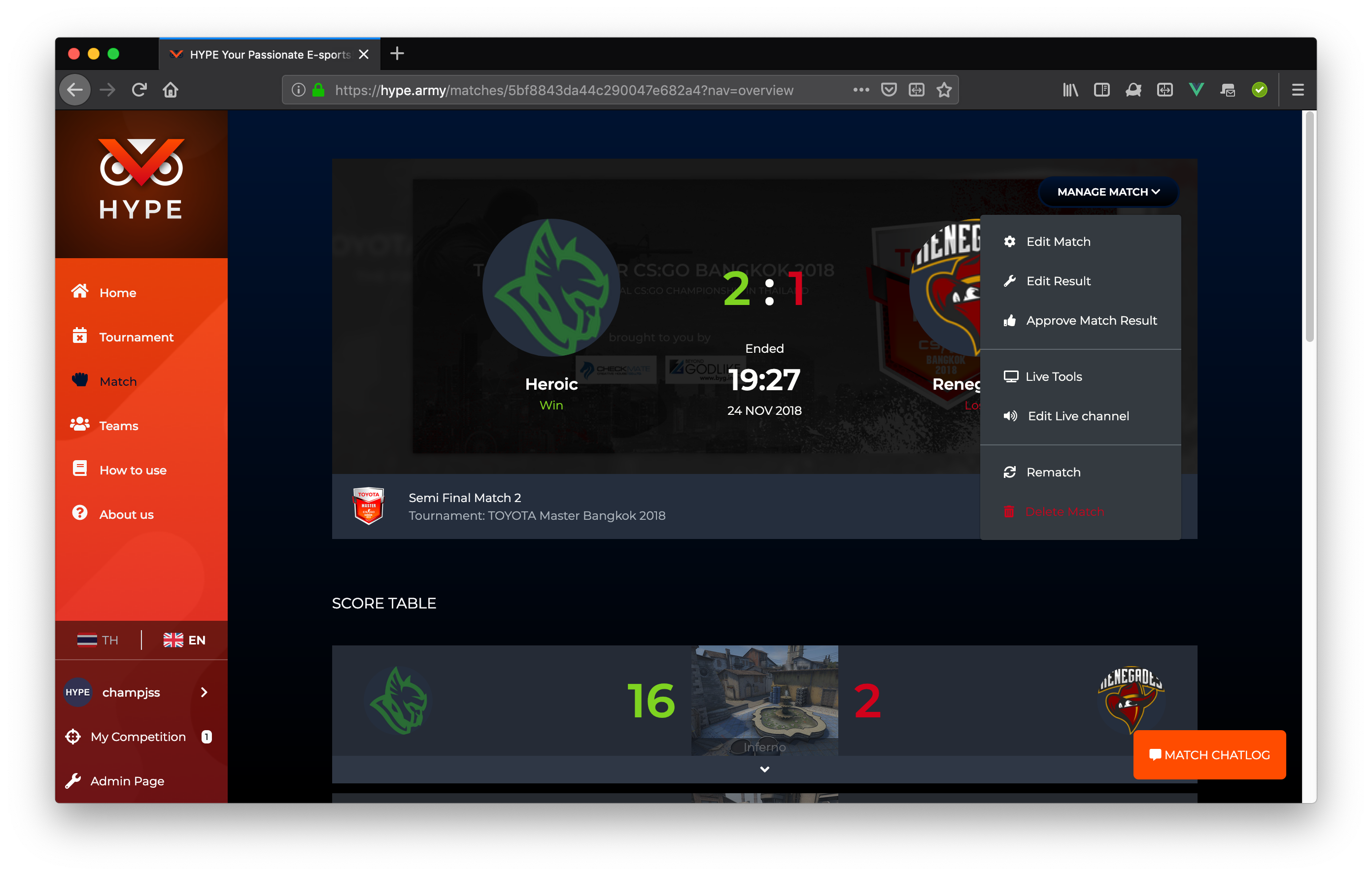 Live tools menu on match page