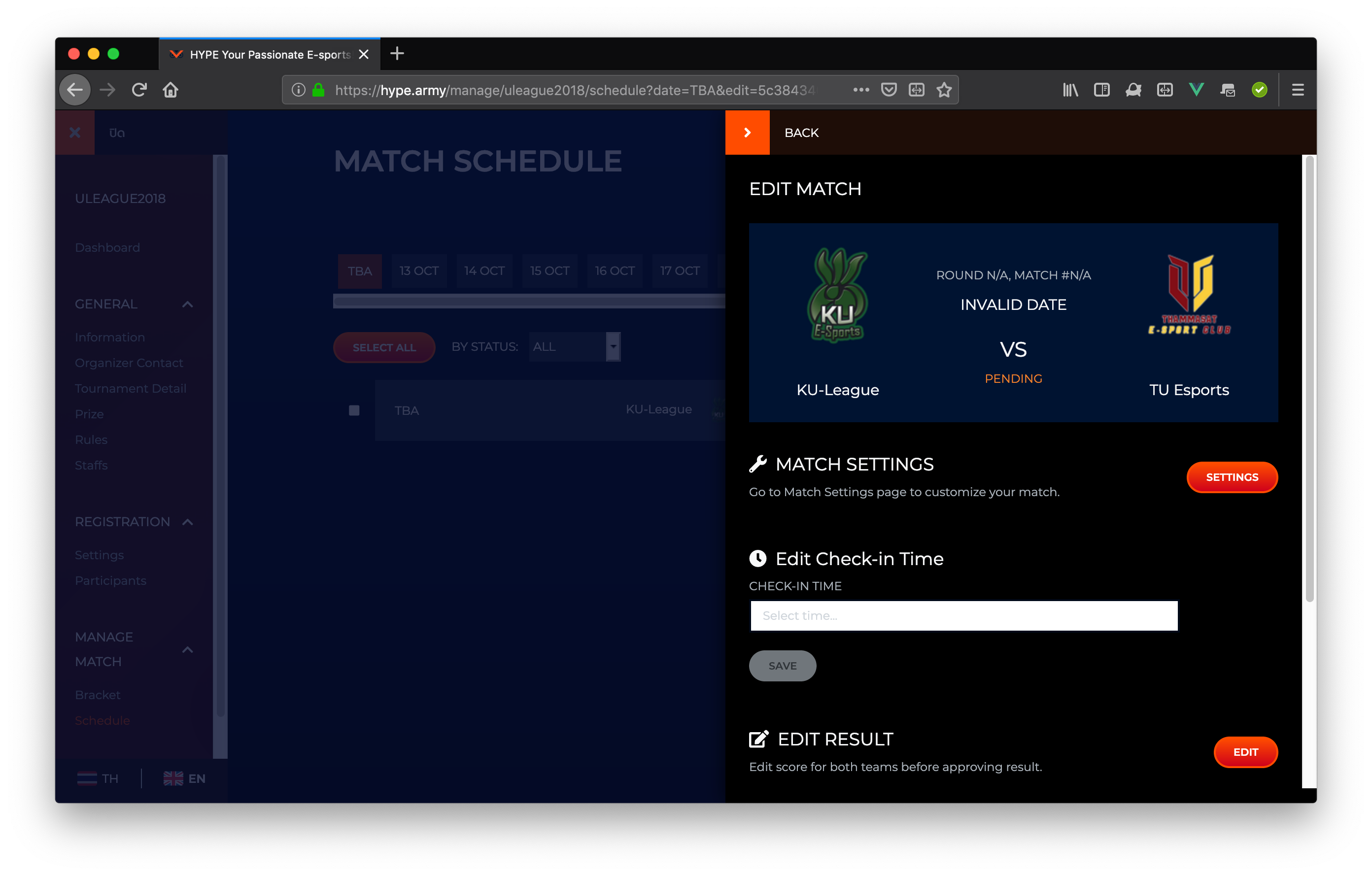 Editing match schedule